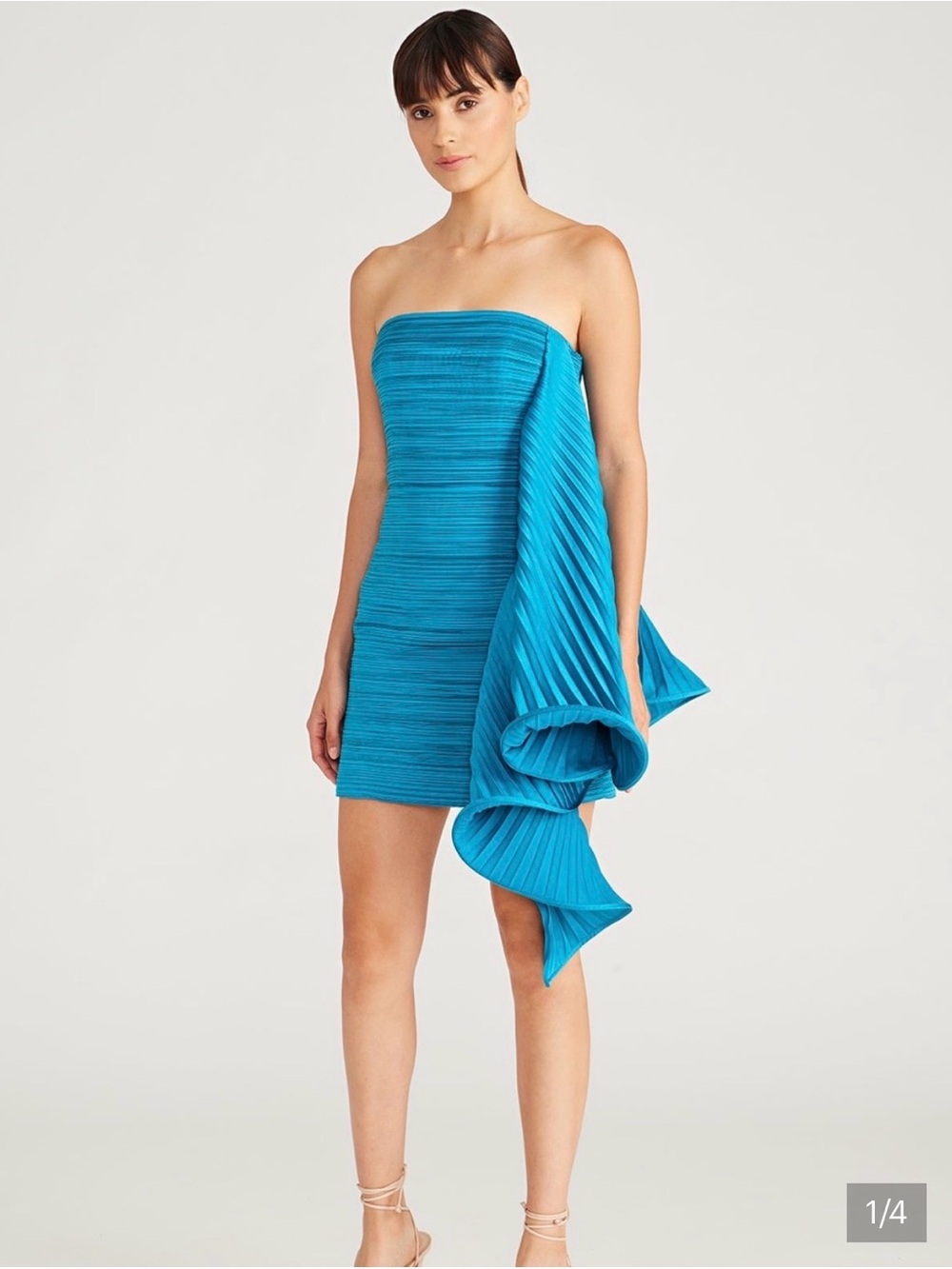 AMUR Strapless Turquoise Pleated Ruffle Mini Dress